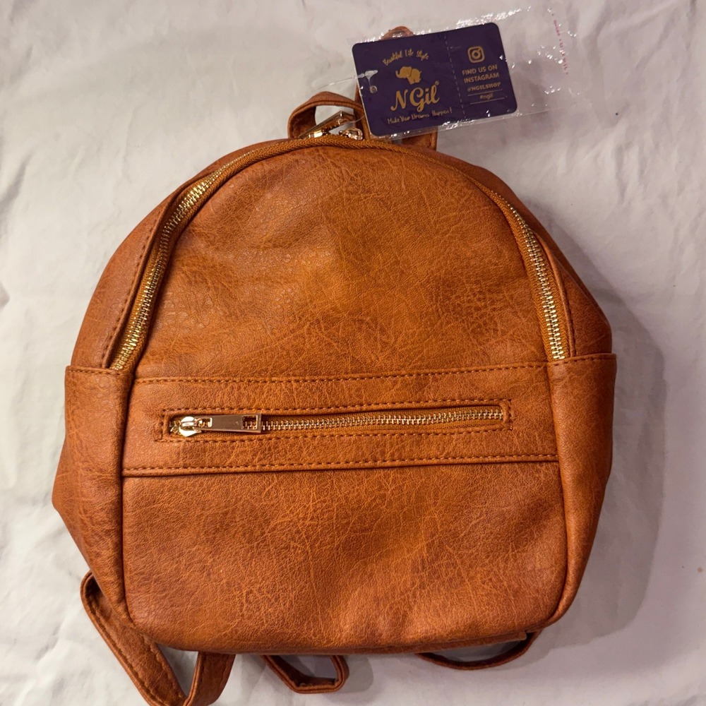 N Gil Mini Backpack Brown Faux Leather Gold Hardware P1034-L/BROWN New